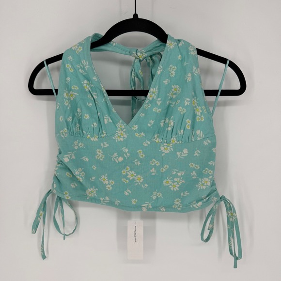 American Eagle Outfitters Tops - AMERICAN EAGLE TEAL FLORAL CROPPED HALTER TOP MEDIUM NWT